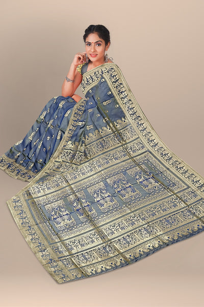 Exquisite Ash Silk Saree with Baluchuri & Queen Work and Matching Blouse