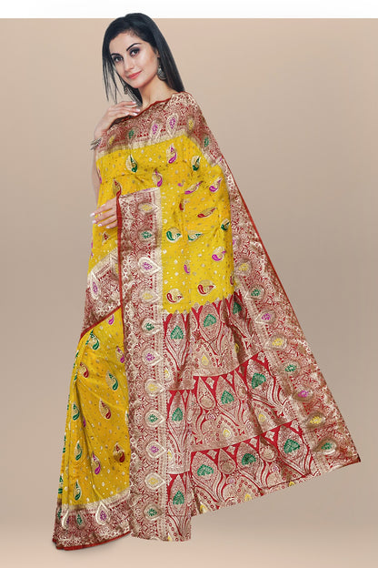 Sunshine Yellow and Red Silk Saree with Kalka Designs and Buta Blouse