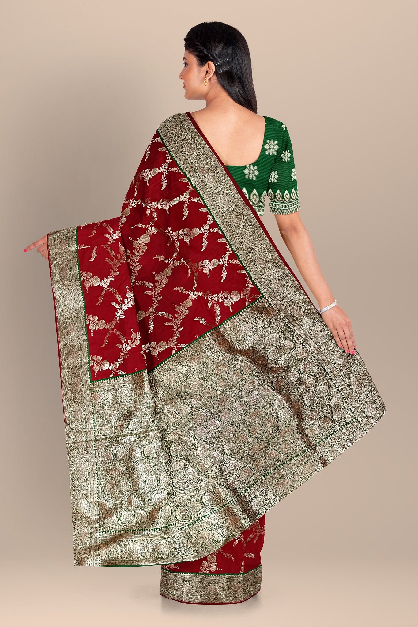 Red and Green Silk Saree with Contrasting Kalka Designs and Buta Blouse