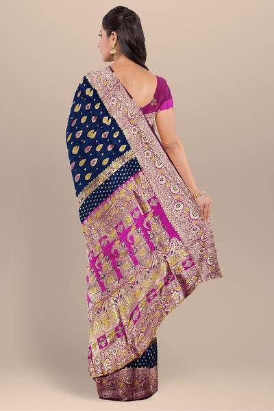 Navy Blue and Pink Silk Saree with Buta Work and Leaf Design