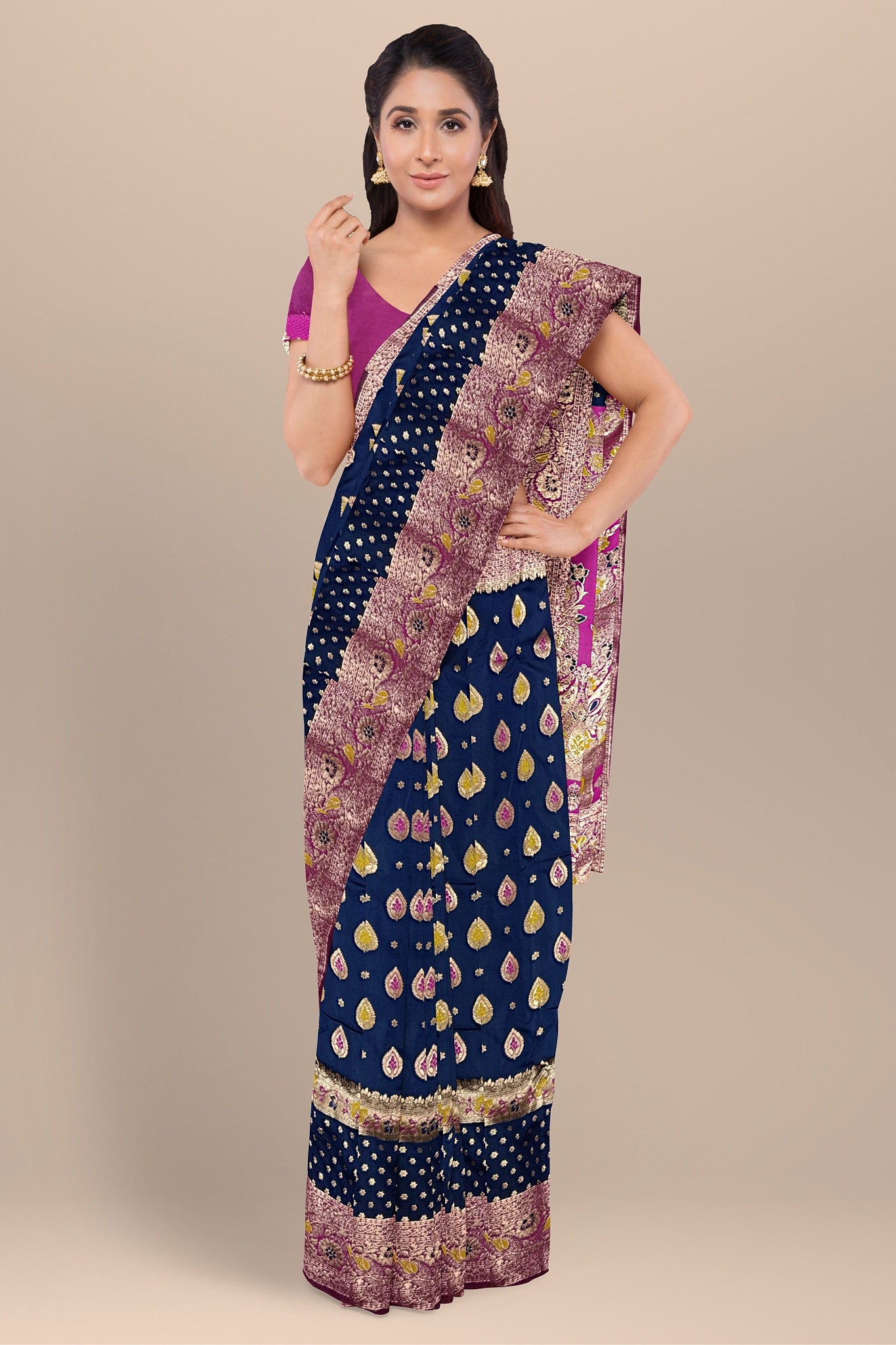 Navy Blue and Pink Silk Saree with Buta Work and Leaf Design