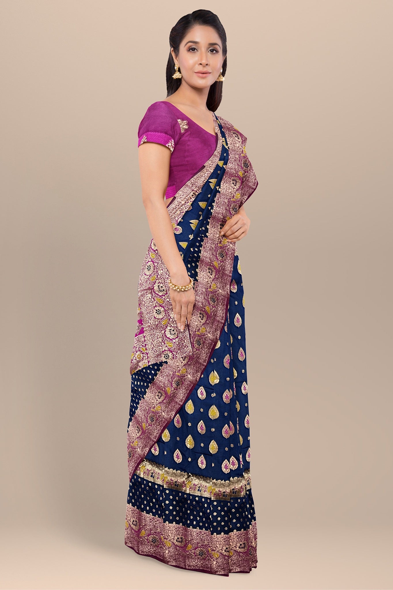 Navy Blue and Pink Silk Saree with Buta Work and Leaf Design