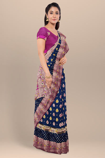 Navy Blue and Pink Silk Saree with Buta Work and Leaf Design