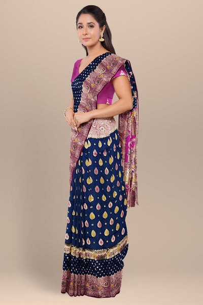 Navy Blue and Pink Silk Saree with Buta Work and Leaf Design