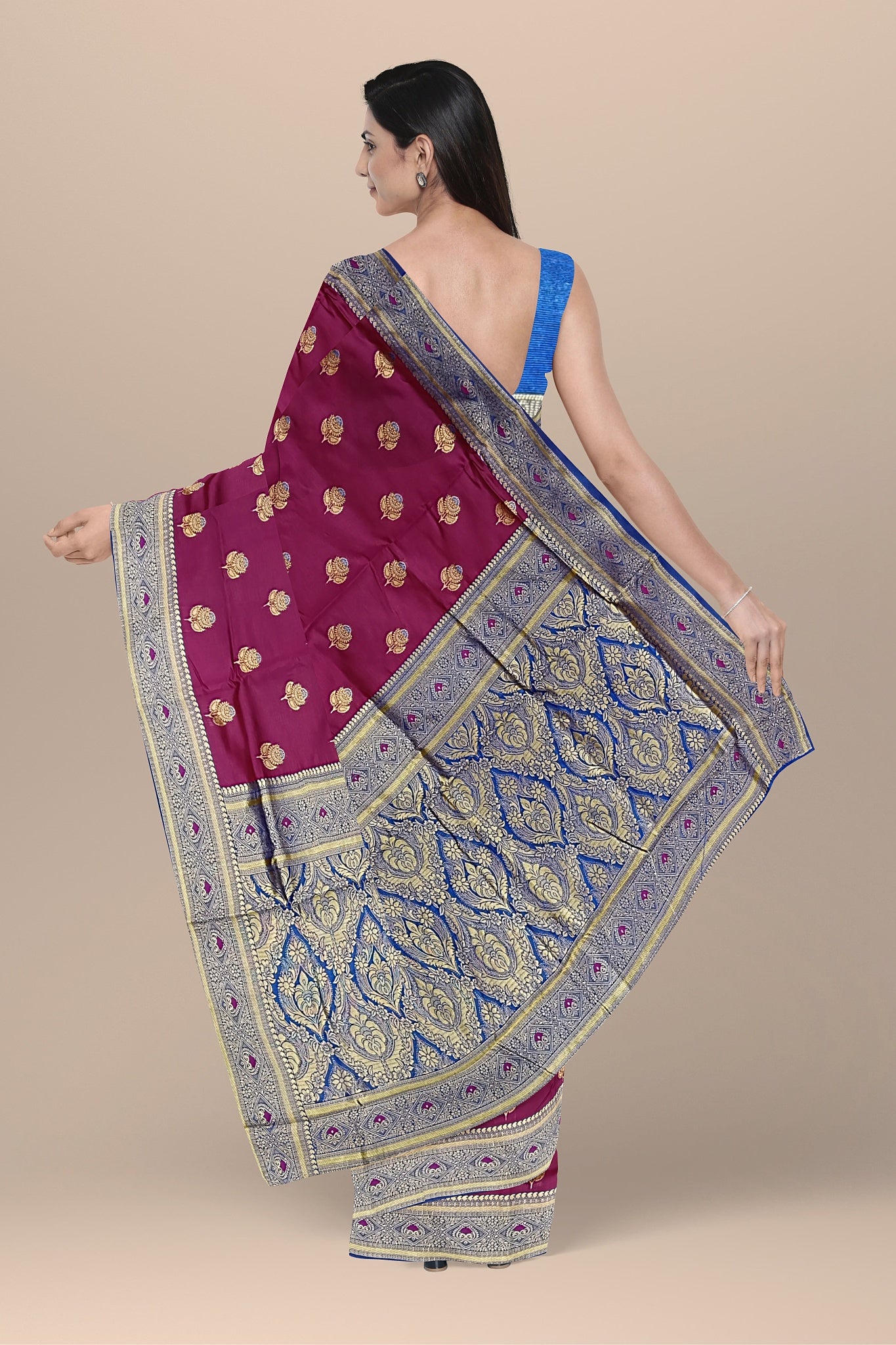 Deep Rani Floral Silk Saree with Blue Kalka Pallu and Royal Blouse