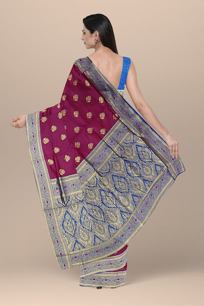 Deep Rani Floral Silk Saree with Blue Kalka Pallu and Royal Blouse