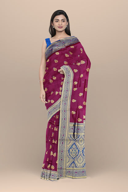 Deep Rani Floral Silk Saree with Blue Kalka Pallu and Royal Blouse