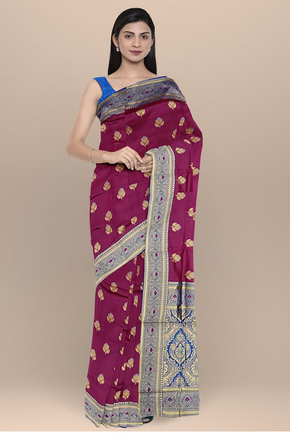 Deep Rani Floral Silk Saree with Blue Kalka Pallu and Royal Blouse