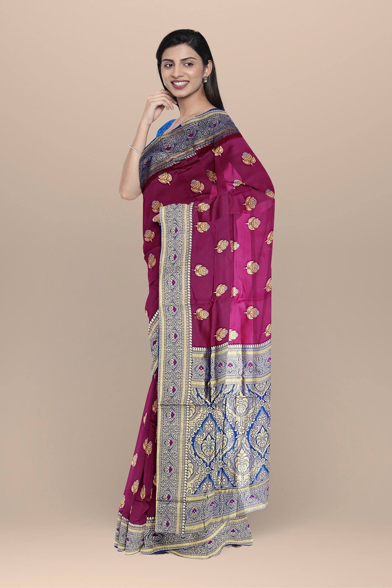 Deep Rani Floral Silk Saree with Blue Kalka Pallu and Royal Blouse