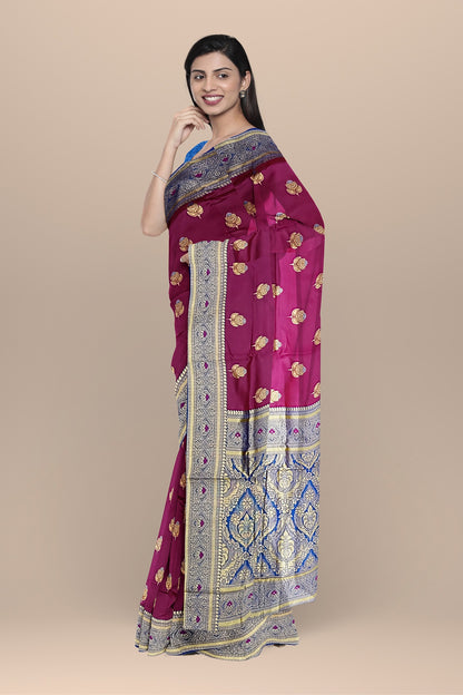 Deep Rani Floral Silk Saree with Blue Kalka Pallu and Royal Blouse