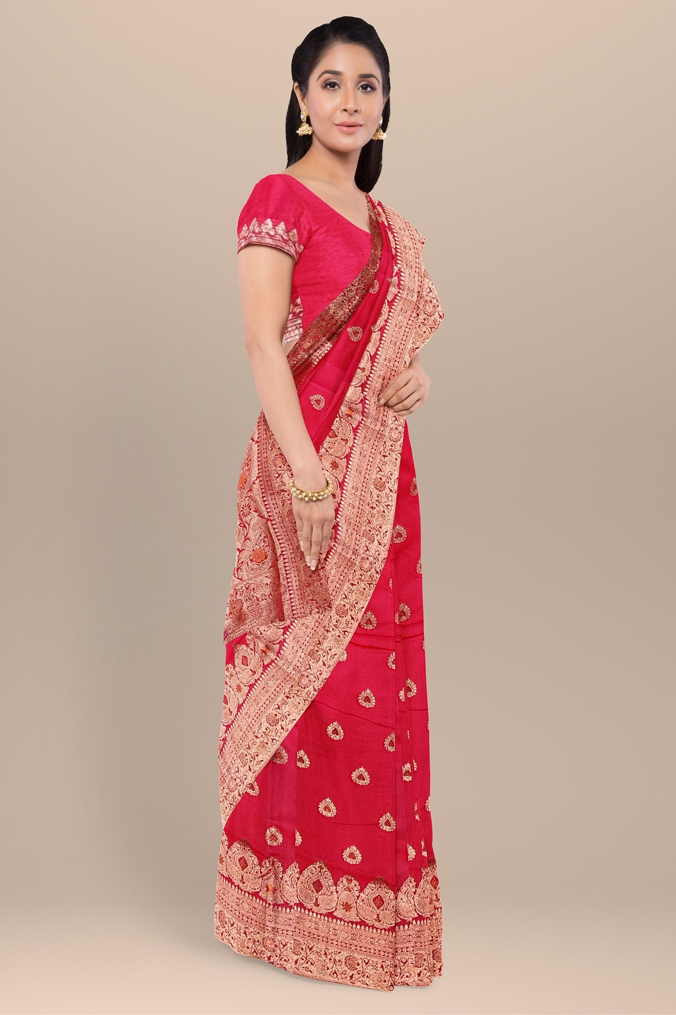 Sweet Strawberry Silk Saree with Buta, Kalka Pallu, and Buta Blouse