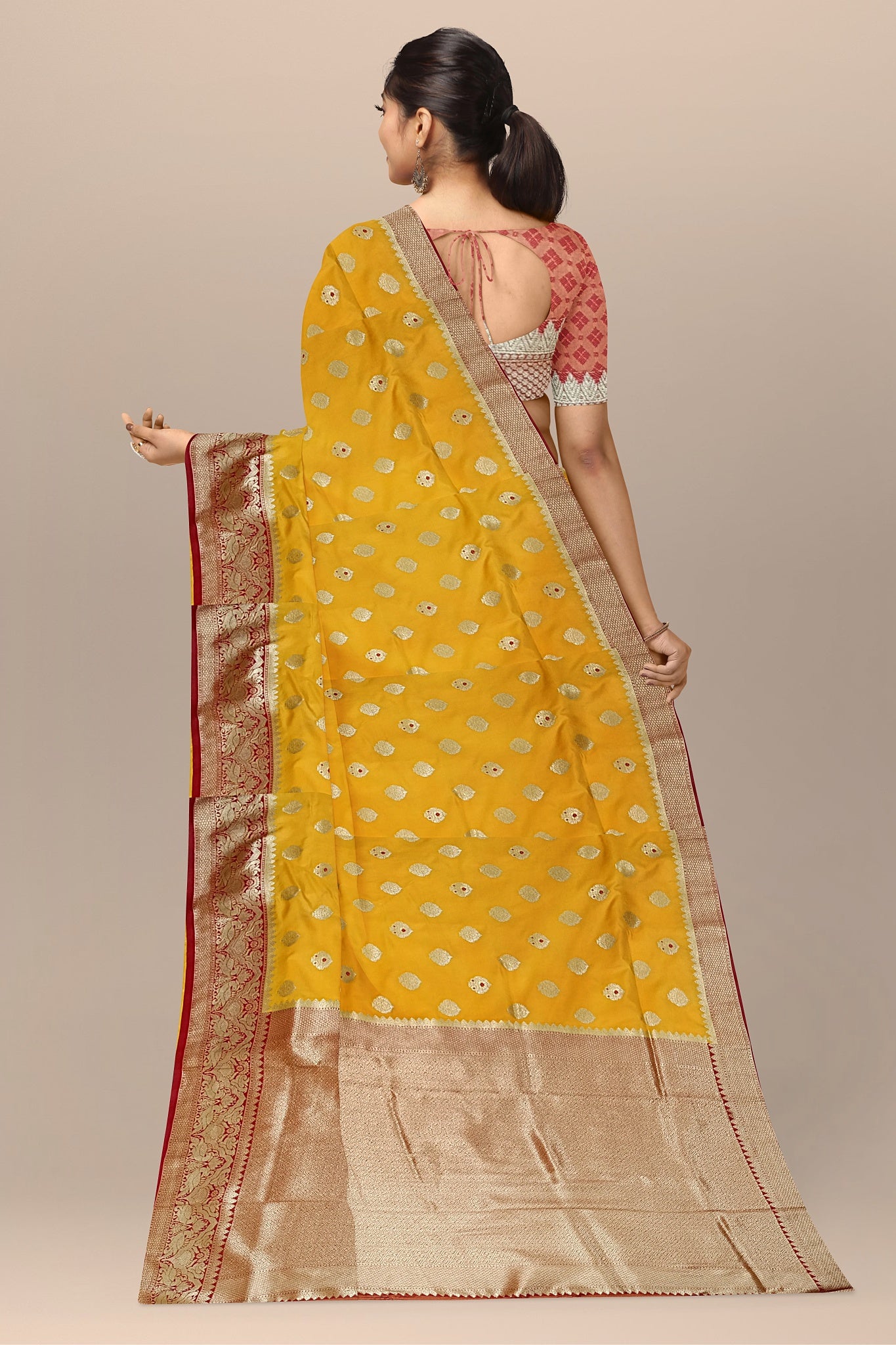 Sunshine Yellow Silk Saree with Buta, Golden & Red Kalka Pallu, and Barfi Blouse