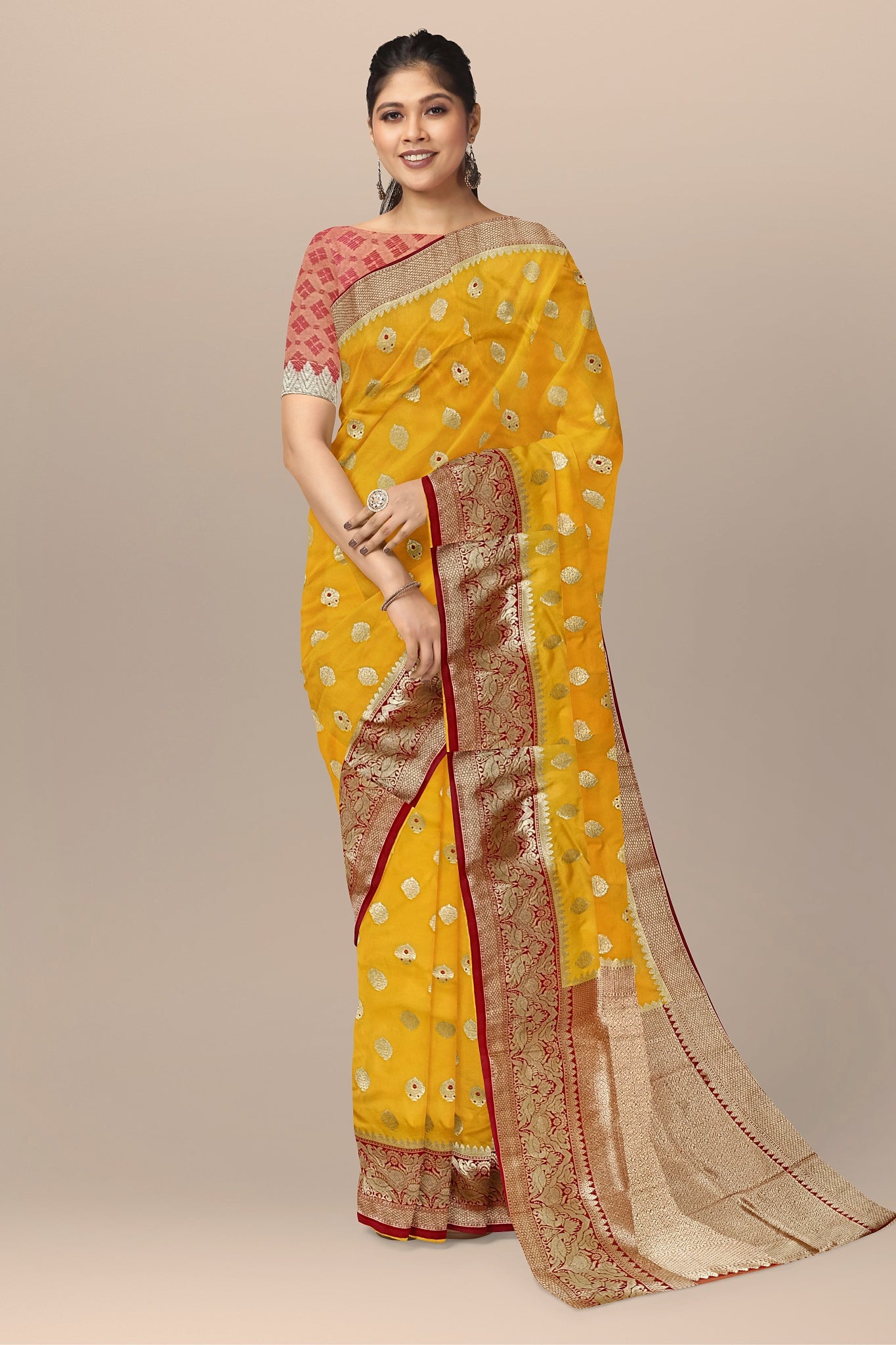 Sunshine Yellow Silk Saree with Buta, Golden & Red Kalka Pallu, and Barfi Blouse