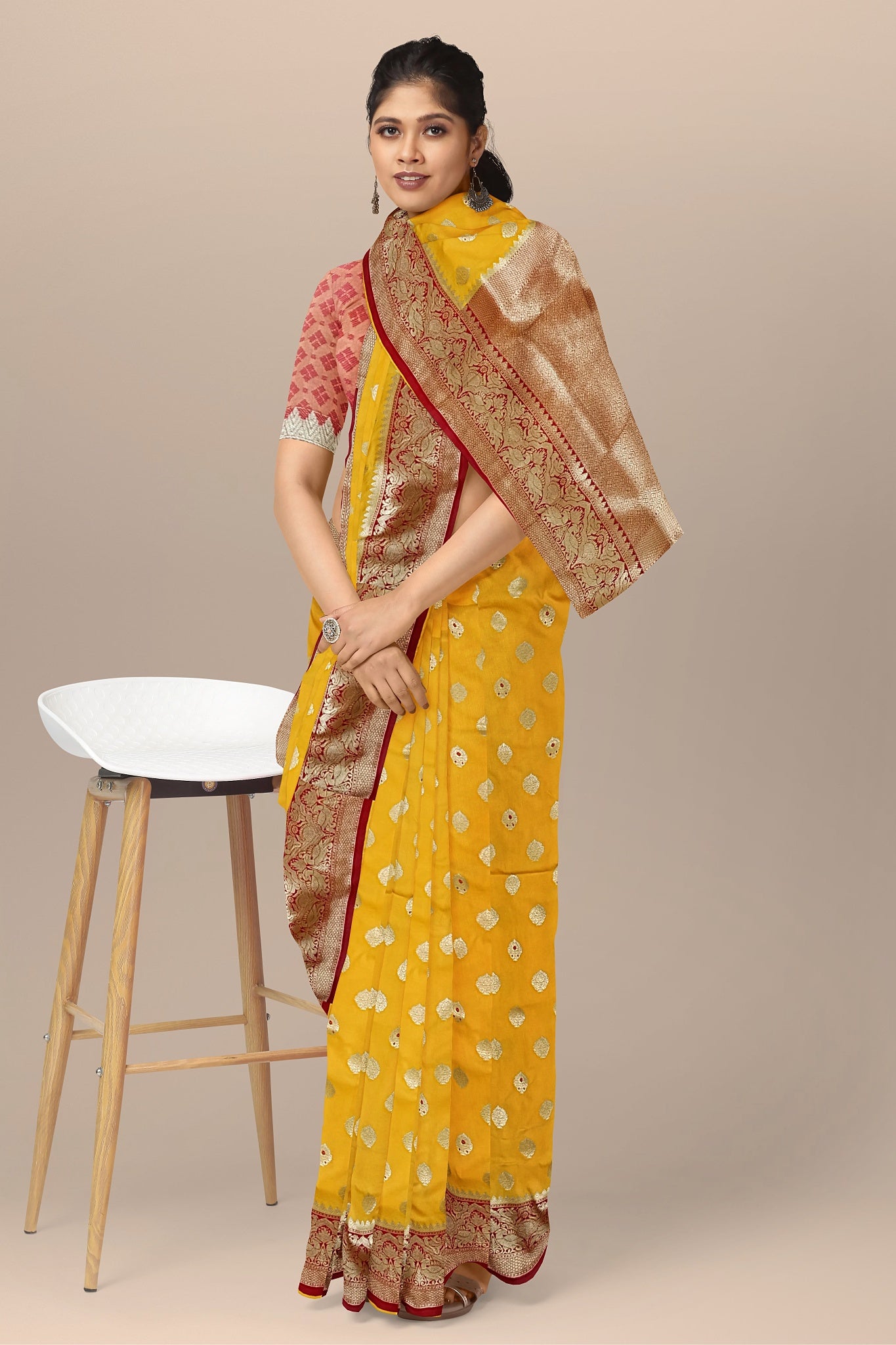 Sunshine Yellow Silk Saree with Buta, Golden & Red Kalka Pallu, and Barfi Blouse