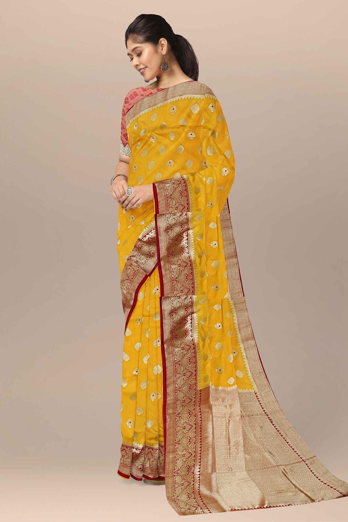 Sunshine Yellow Silk Saree with Buta, Golden & Red Kalka Pallu, and Barfi Blouse