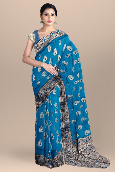 Tussar Silk Saree with Buta, Floral Design, and Navy Blouse