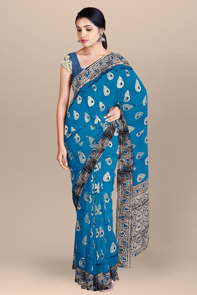 Tussar Silk Saree with Buta, Floral Design, and Navy Blouse