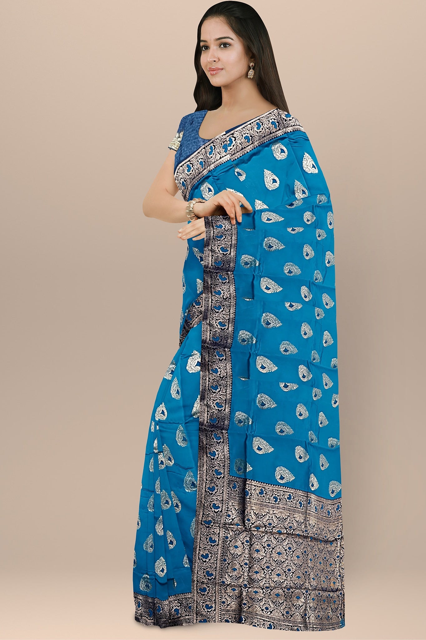 Tussar Silk Saree with Buta, Floral Design, and Navy Blouse