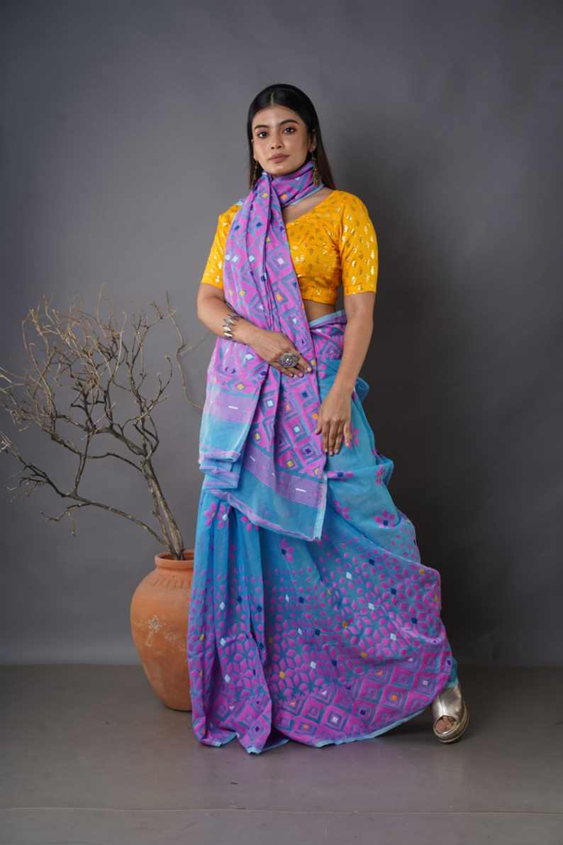 Aadhira Bengal Handloom Pure Cotton Saree lite sky & pink