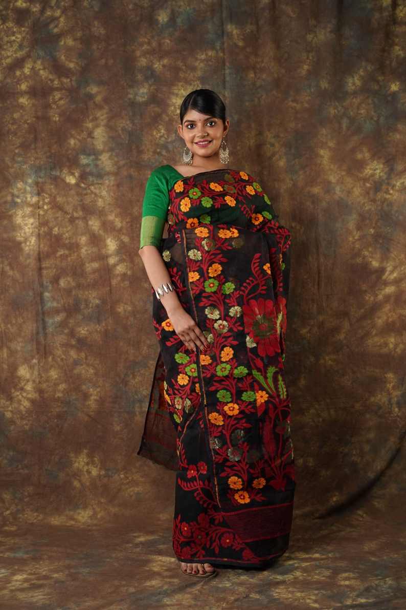 Priya Bengal Cotton Silk Soft Jamdani Saree with Black floral combination