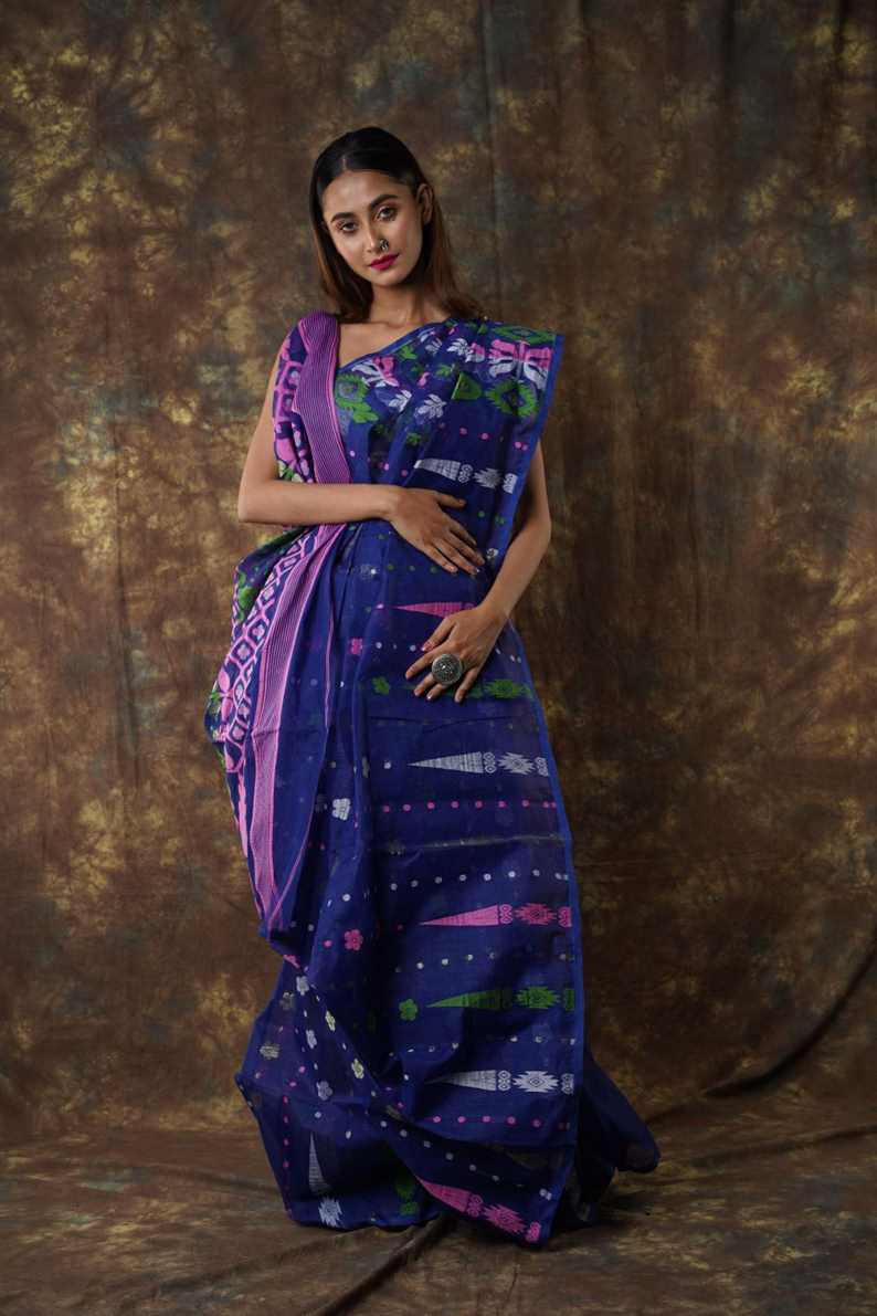 Bhumi Bengal Cotton Silk Soft Jamdani Saree with navy blue colour combination