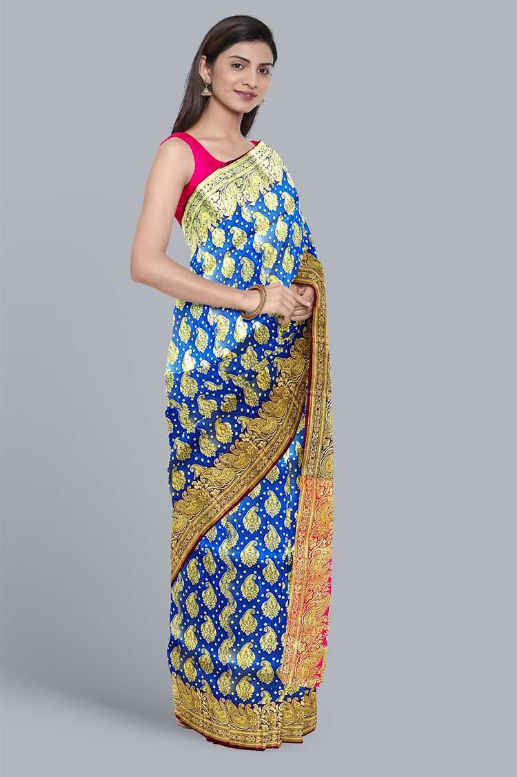 Contrast Katan Benarasi Silk Saree with Golden Kalka Design