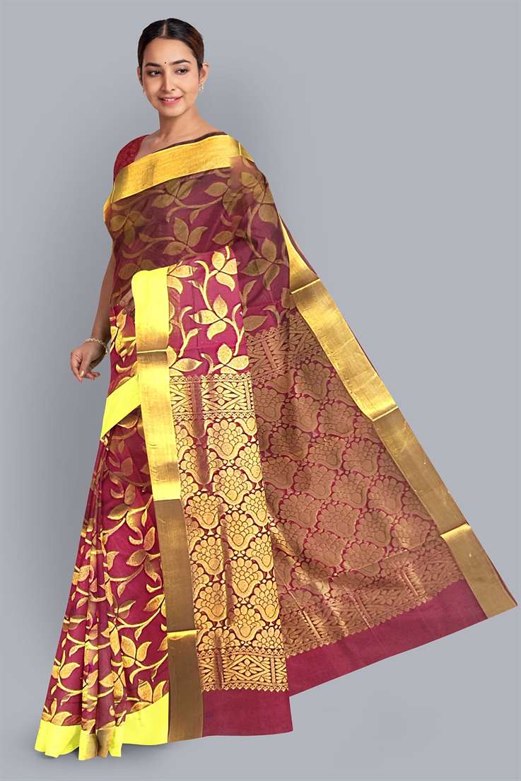 Kakinada Silk Saree With Golden Leaf Motifs