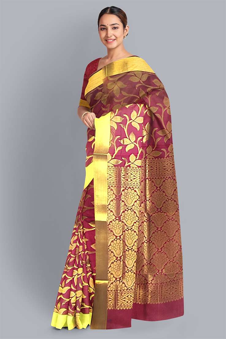 Kakinada Silk Saree With Golden Leaf Motifs